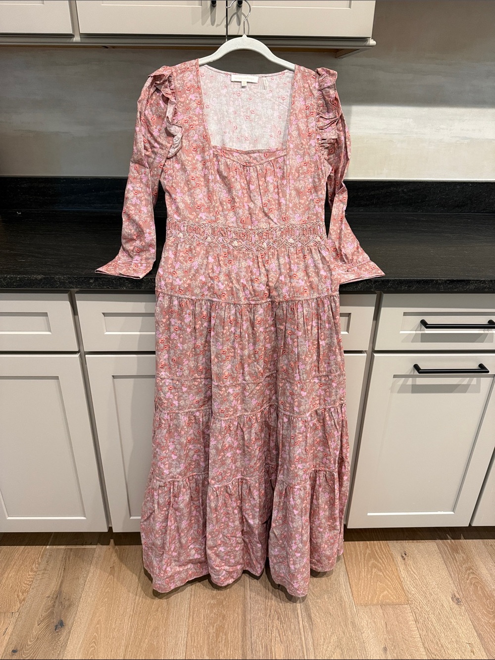 Love Shack Fancy-  Floral Pink Tiered Maxi Dress with Ruffle Details (size 4)